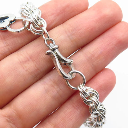 925 Sterling Silver Vintage Heart Lock Charm Twisted Rope Link Bracelet 6.75"