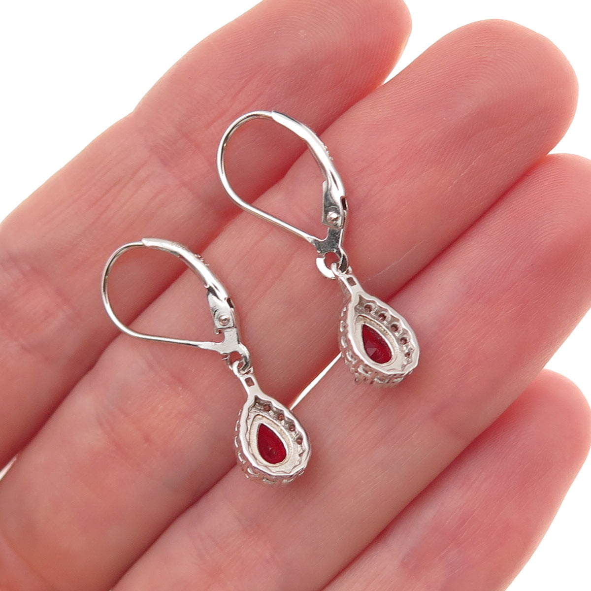 925 Sterling Silver Red & White C Z Teardrop Dangle Earrings