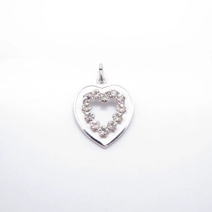 925 Sterling Silver Vintage Rhinestone Open Heart Charm Pendant