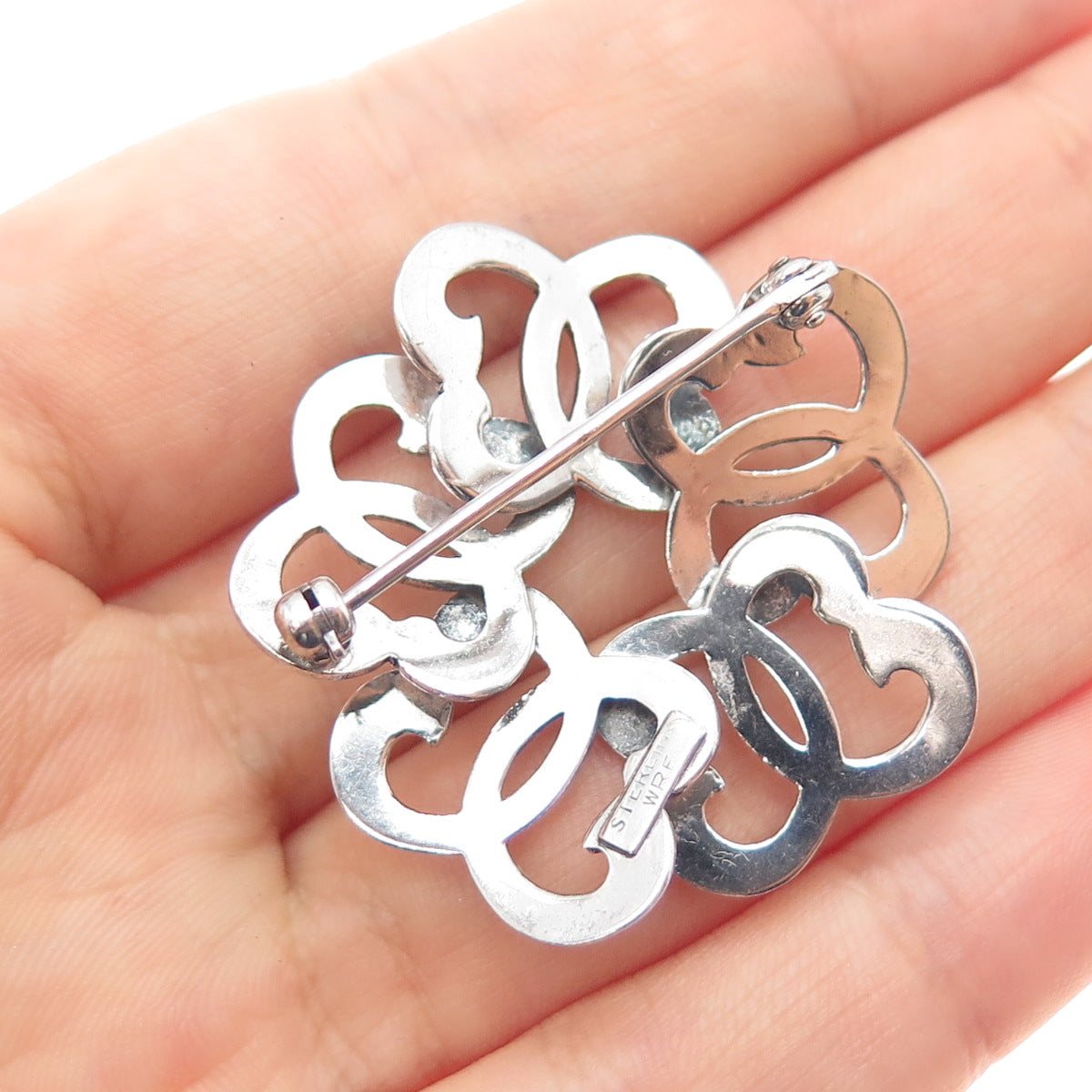 W. E. RICHARDS 925 Sterling Silver Antique Art Deco Flower Oxidized Pin Brooch