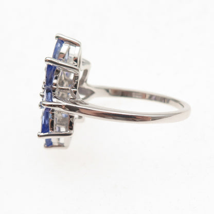 925 Sterling Silver Real Round & Pear-Cut Tanzanite Floral Ring Size 8