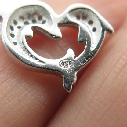 925 Sterling Silver Round-Cut Shaped C Z Couple of Dolphins Heart Pendant