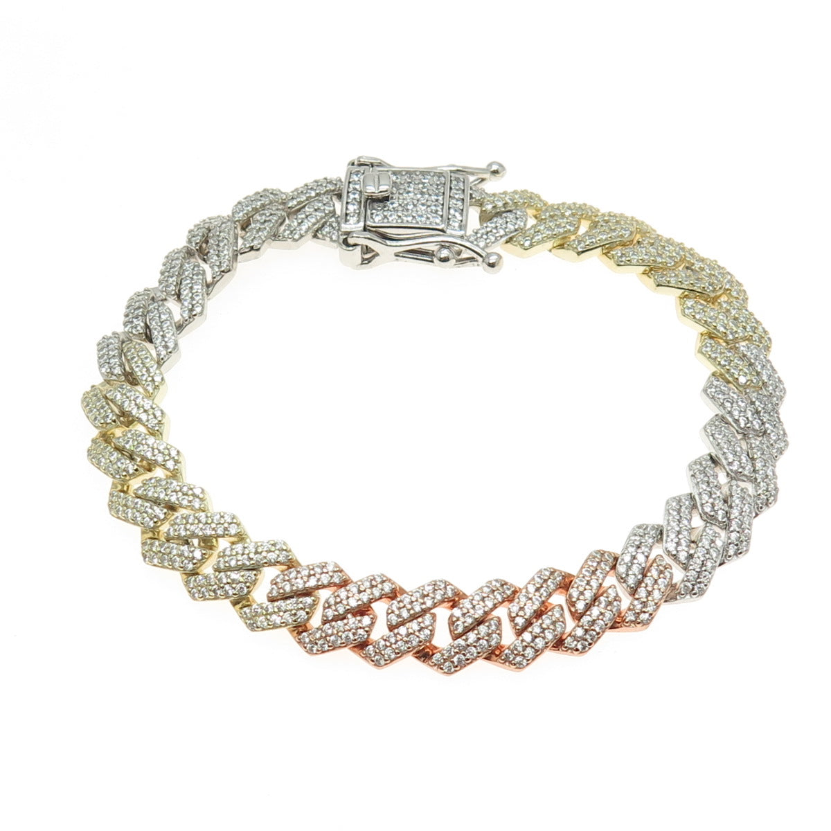 925 Sterling Silver 3-Tone Round-Cut C Z Cuban Link Bracelet 7"