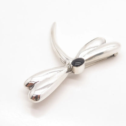 925 Sterling Silver Vintage Real Black Onyx Gemstone Butterfly Pin Brooch