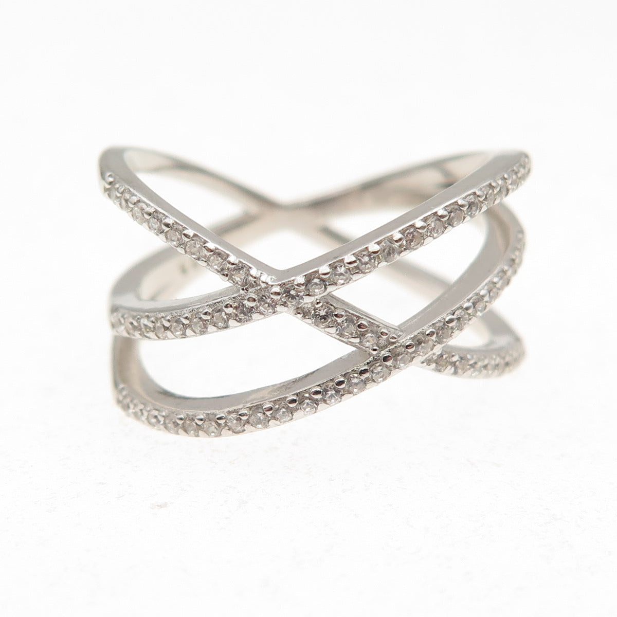 925 Sterling Silver Round-Cut C Z Crisscross Ring Size 7