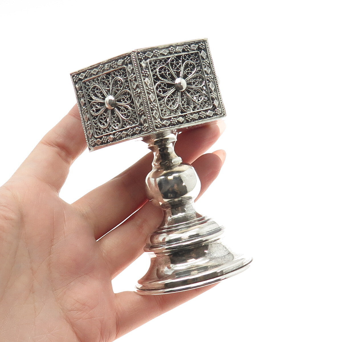 925 Sterling Silver Vintage Israel Filigree Floral Candlestick