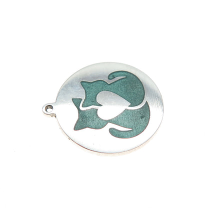 925 Sterling Silver Mint Green Enamel Cat Mom & Child Minimalist Charm Pendant