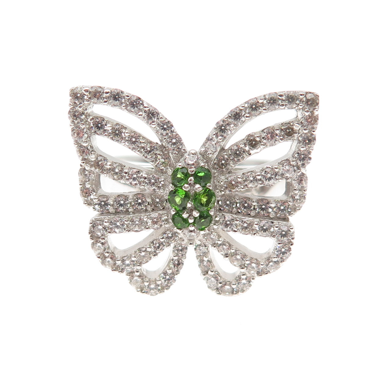 925 Sterling Silver Round-Cut Green & White C Z Butterfly Ring Size 8