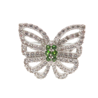 925 Sterling Silver Round-Cut Green & White C Z Butterfly Ring Size 8