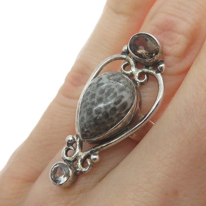 ARYA Sterling Silver Vintage Real Fossil Clear & Smoky Quartz Heart Ring Size 5