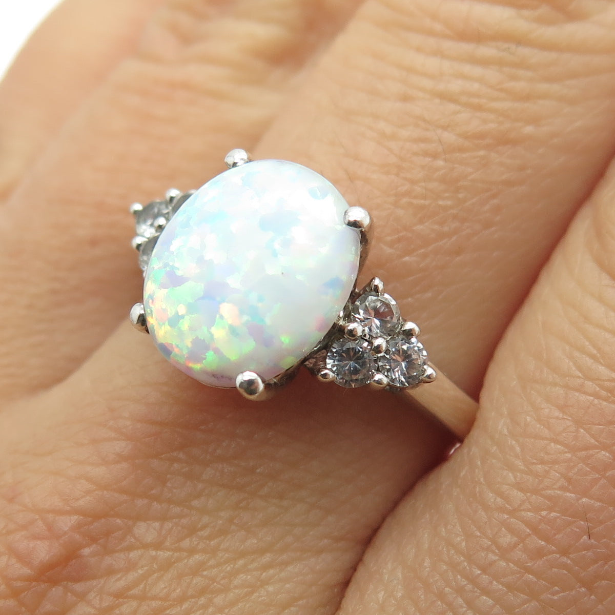 925 Sterling Silver Real White Opal & White Topaz Gemstone Ring Size 9.5