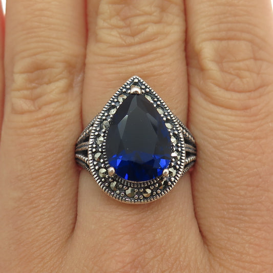 925 Sterling Silver Real Marcasite Gemstone & Sapphire Imitation Ring Size 8