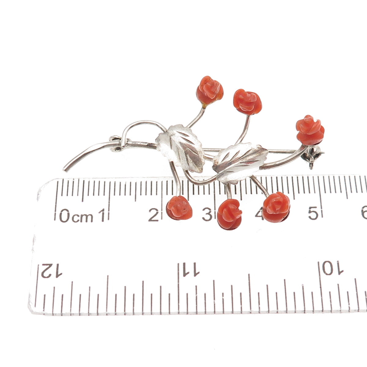 800 Silver Antique Art Deco Real Coral Rose Floral Oxidized Pin Brooch