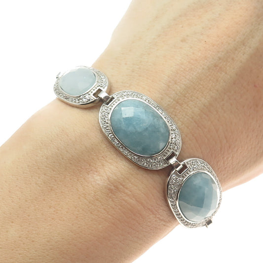 925 Sterling Silver Real Milky Aquamarine & C Z Bracelet 7.25"