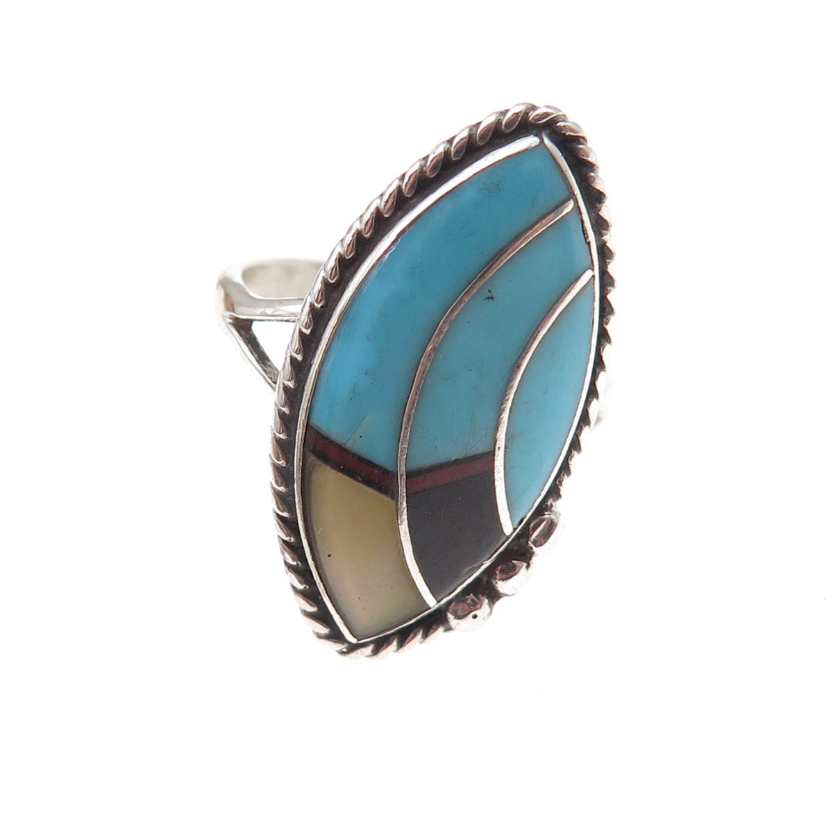 John Delvin Navajo Old Pawn Sterling Vintage Turquoise Onyx & MOP Ring Size 6.75