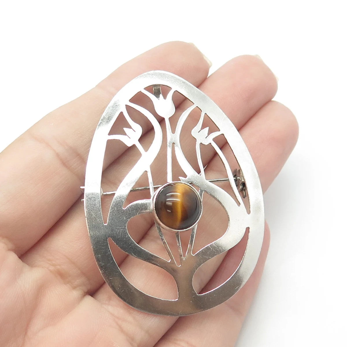 925 Sterling Silver Vintage Israel Real Tiger's Eye Floral Pin Brooch