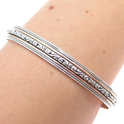 925 Sterling Silver 2-Tone Vintage Floral Scroll Adjustable Cuff Bracelet 7.75"