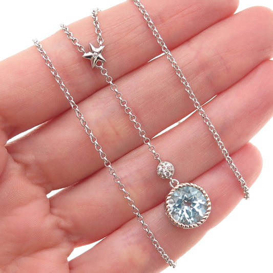 925 Sterling 14K Gold ATR Real Blue & White Topaz Lariat Chain Necklace 16-18"