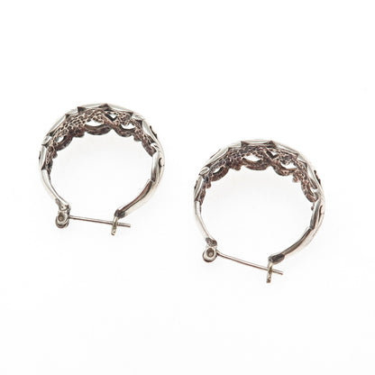 925 Sterling Silver Vintage Modernist Ornate Oxidized Hoop Earrings