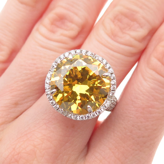 925 Sterling Silver Round-Cut Canary & White C Z Ring Size 7