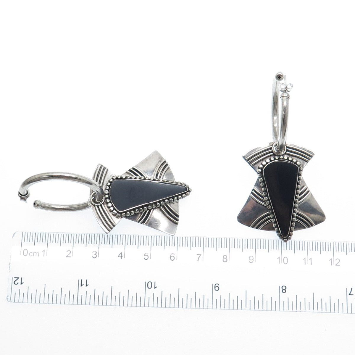 925 Sterling Silver Vintage Real Black Onyx Gem Tribal Hoop Dangle Earrings