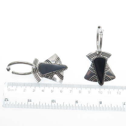 925 Sterling Silver Vintage Real Black Onyx Gem Tribal Hoop Dangle Earrings