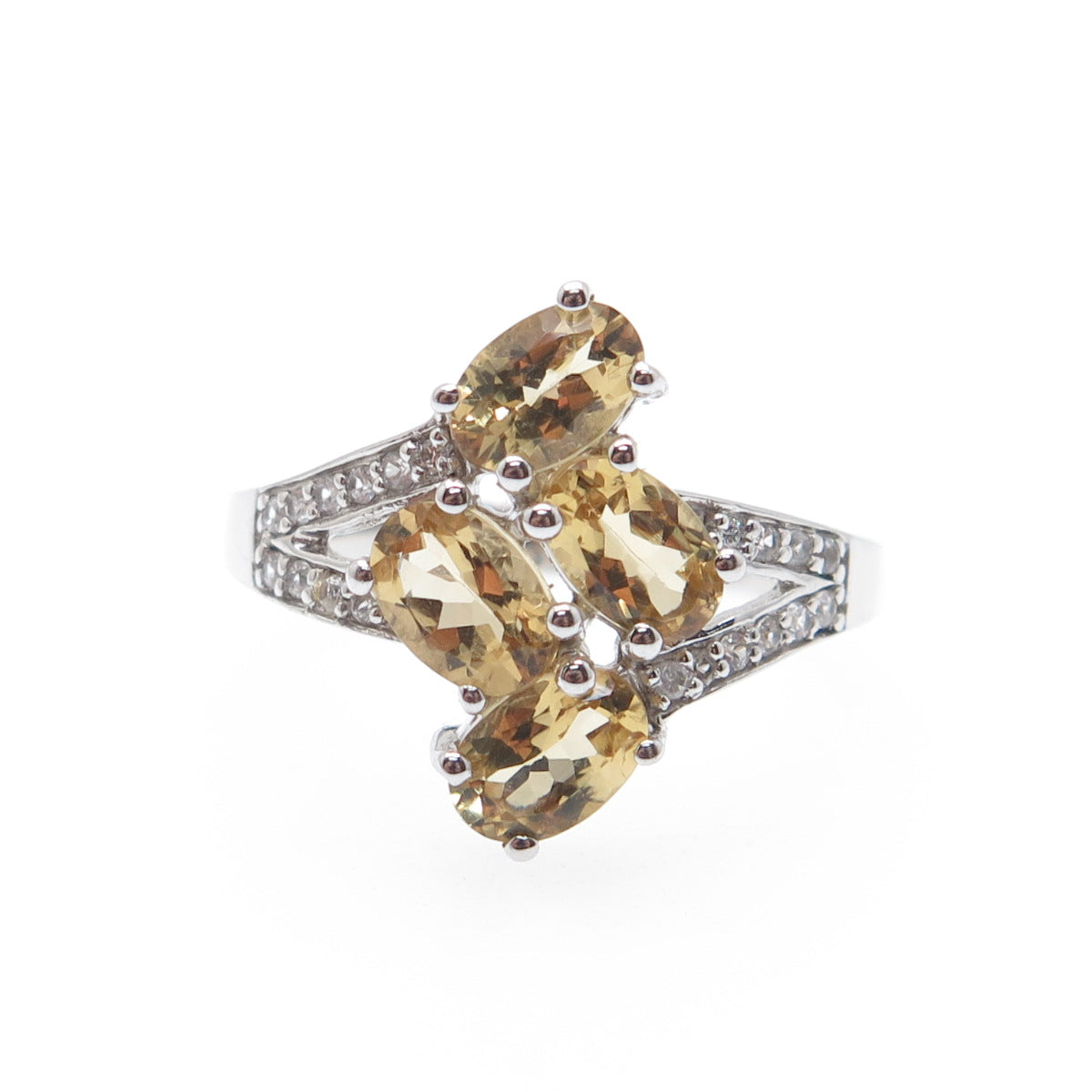 925 Sterling Silver Real Oval-Cut Citrine & White Topaz Bypass Ring Size 6.25