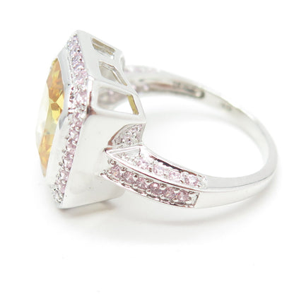 925 Sterling Silver Canary & Pink C Z Bohemian Ring Size 9