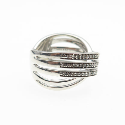 SUN 925 Sterling Silver Real Round-Cut Diamond Crisscross Ring Size 7