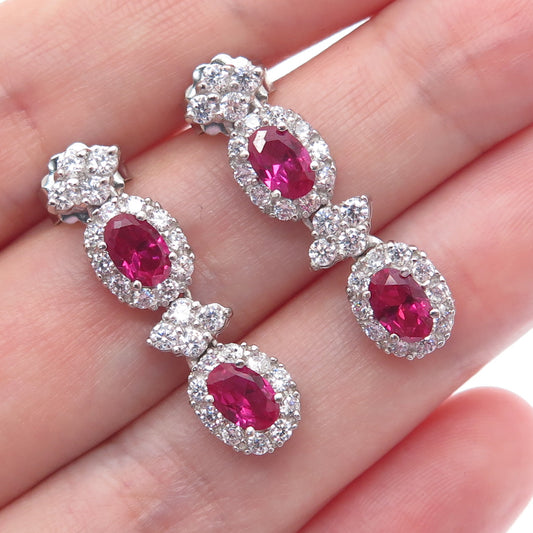 925 Sterling Silver Lab-Created Oval-Cut Ruby & Round-Cut C Z Dangle Earrings