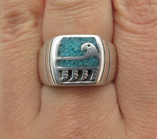 Old Pawn 925 Sterling Vintage Southwestern Turquoise Inlay Eagle Ring Size 8.25