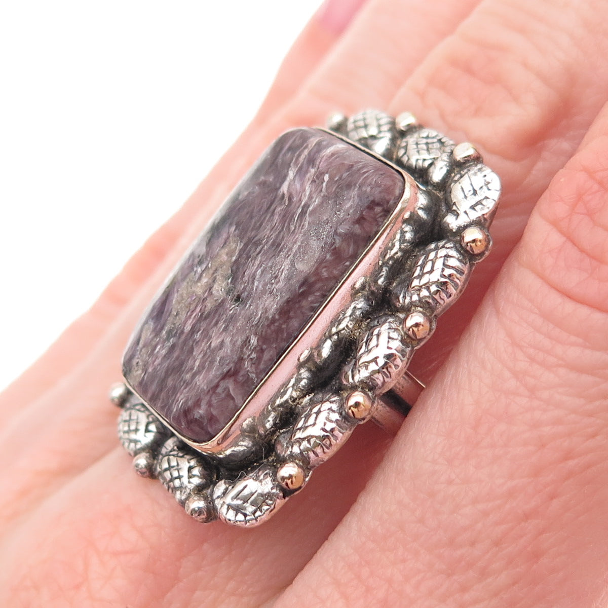 925 Sterling Silver Vintage Real Sugilite Modernist Oxidized Ring Size 8.75