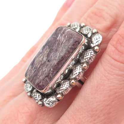 925 Sterling Silver Vintage Real Sugilite Modernist Oxidized Ring Size 8.75