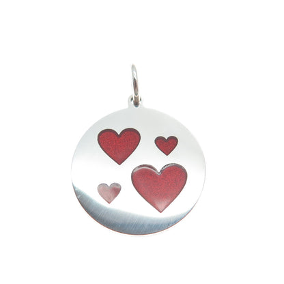 925 Sterling Silver Red Enamel Family Heart Round Tag Minimalist Charm Pendant