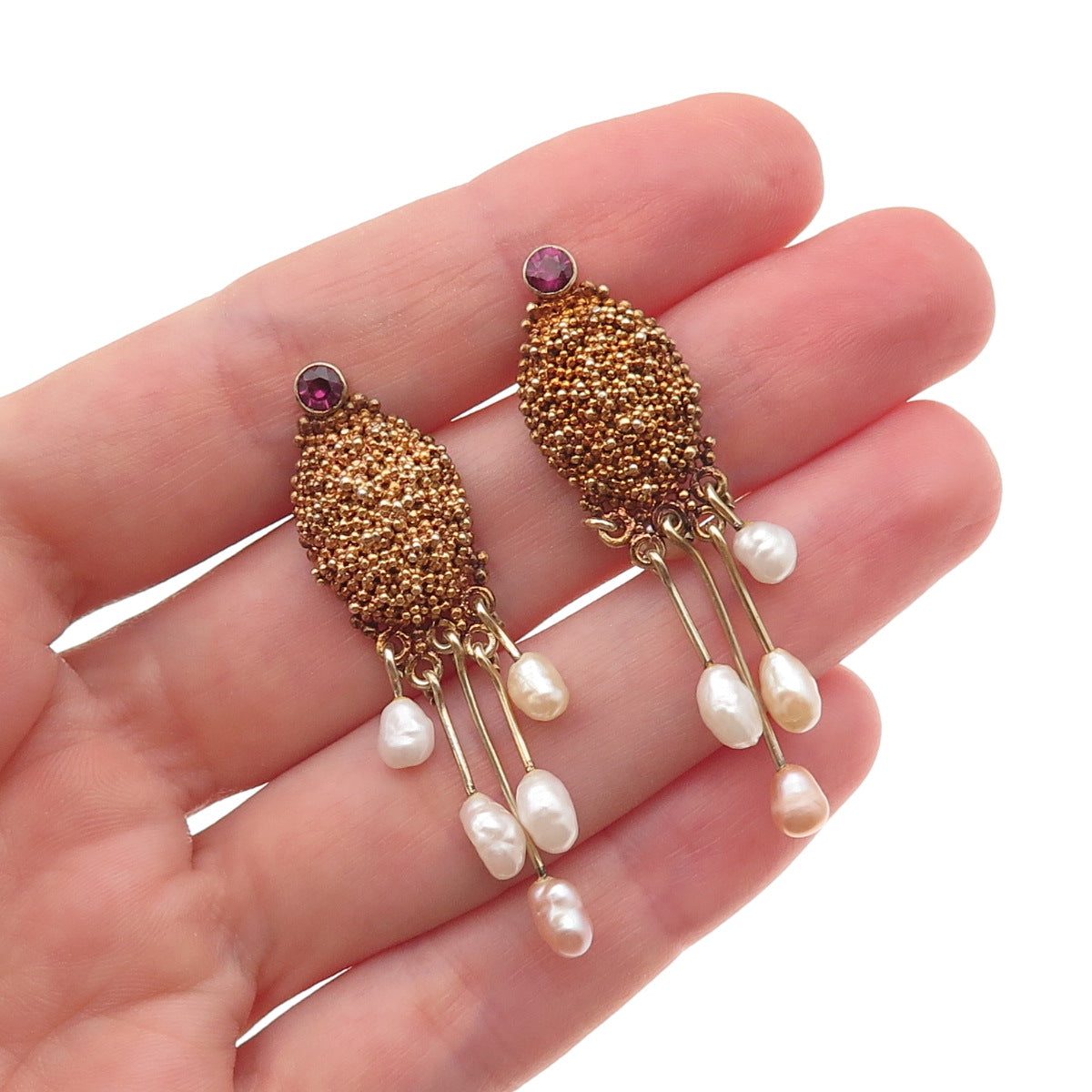 925 Sterling Silver Gold Plated Vintage Real Pearl & Amethyst Modernist Earrings