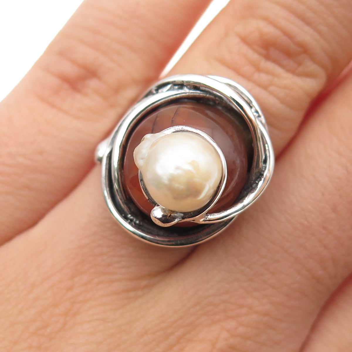 925 Sterling Vintage Spain Real Pearl & Agate Modernist Adjustable Ring Size 7.5