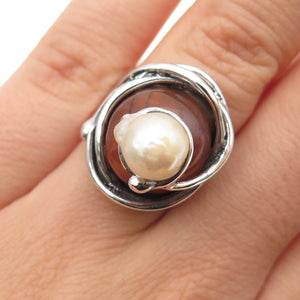 925 Sterling Vintage Spain Real Pearl & Agate Modernist Adjustable Ring Size 7.5