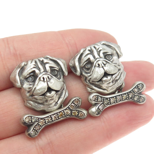 925 Sterling Silver Vintage Real Round-Cut Champagne Diamond Pug Dog Cufflinks