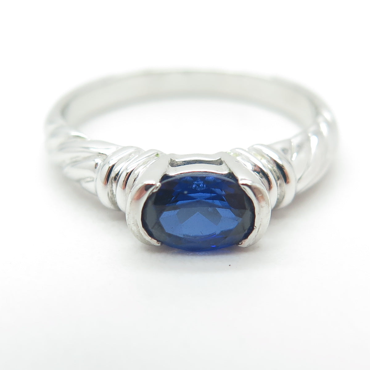 925 Sterling Silver Lab-Created Sapphire Ribbed Ring Size 8