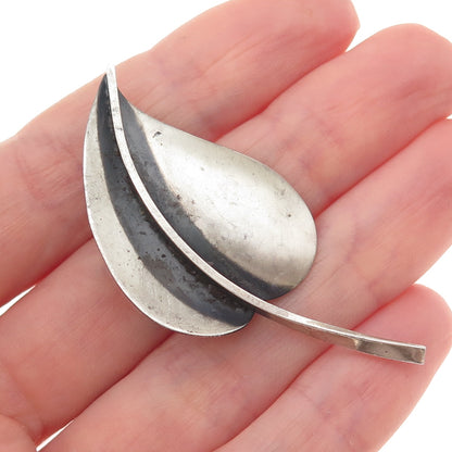 925 Sterling Silver Vintage Modernist Floral Leaf Oxidized Pin Brooch
