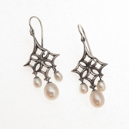 Ann King 925 Sterling Silver Vintage Real Pearl Floral Oxidized Dangle Earrings