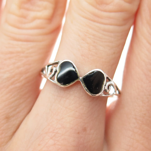 925 Sterling Silver Vintage Real Black Onyx Double Heart Spiral Ring Size 9