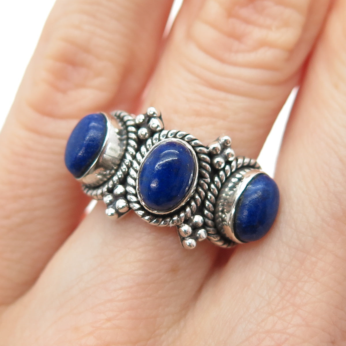 DOUG PAULUS Sterling Silver Vintage Real Lapis Beaded Oxidized Ring Size 6.25