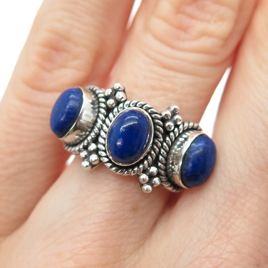 DOUG PAULUS Sterling Silver Vintage Real Lapis Beaded Oxidized Ring Size 6.25