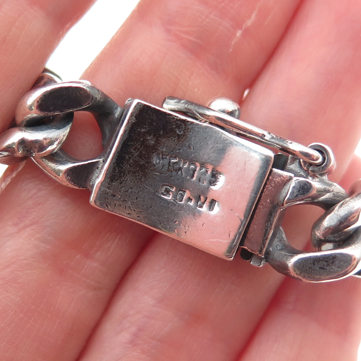 925 Sterling Silver Vintage Mexico Heavy 57.6g Figaro Link Oxidized Bracelet 8"