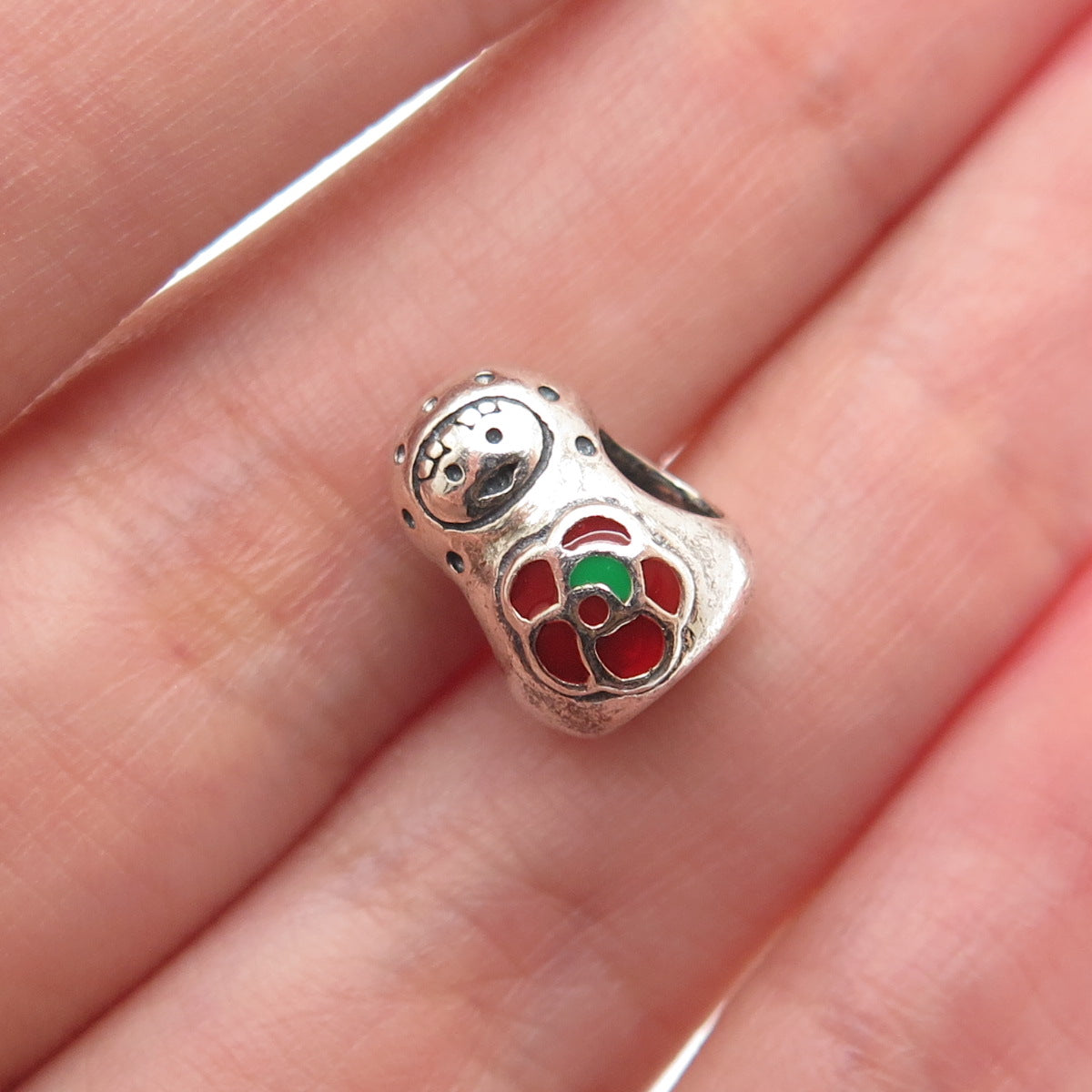 925 Sterling Silver Vintage Enamel Flower Baby Doll Bead Charm