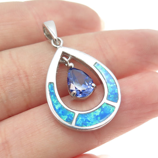 925 Sterling Silver Real Opal & Pear-Cut Blue C Z Drop Pendant