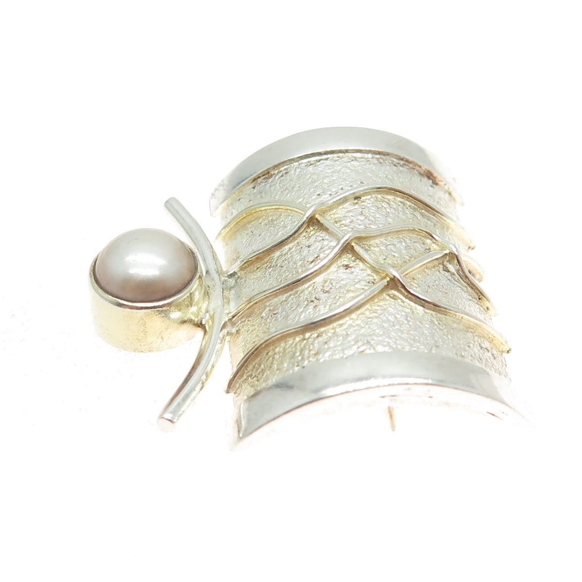 925 Sterling Silver Vintage Real Pearl Modernist Pin Brooch