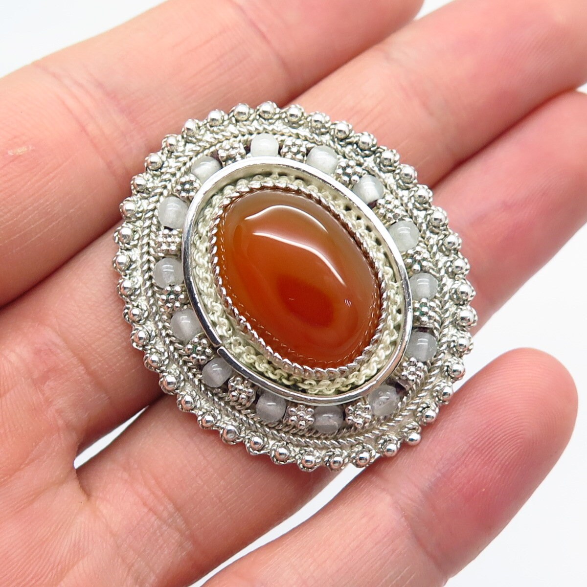 925 Sterling Silver Vintage Israel Agate & Clear Quartz Beaded Brooch / Pendant