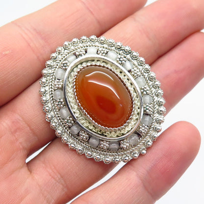 925 Sterling Silver Vintage Israel Agate & Clear Quartz Beaded Brooch / Pendant
